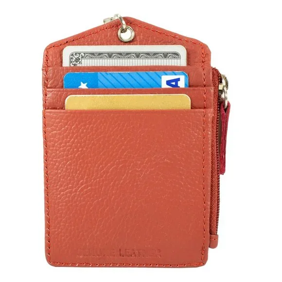 ID Lanyard Card Holder in Genuine Leather with Long Metal Chain for Men/Women - Picture 4 of 8